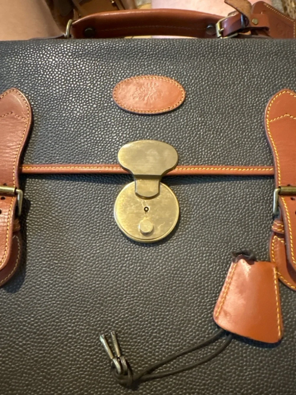 Mulberry England Vintage Scotchgrain Briefcase Satchel | Khaki Brass Lock + Key